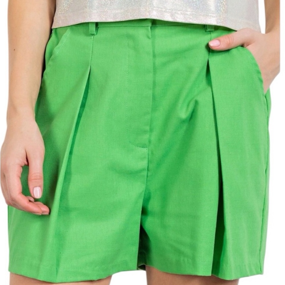 easel shorts pleated lined cotton linen high waist bright signal green